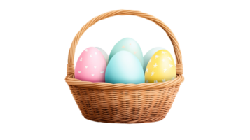 Basket with colorful decorated Easter eggs, cut out transparent png