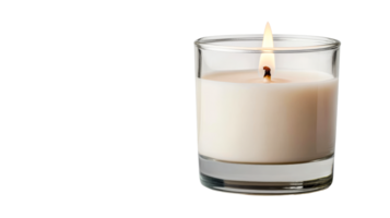 Illuminated candle in glass container, cut out transparent png