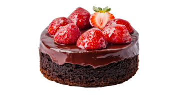 Chocolate cake with glaze and strawberries, sweet dessert, cut out transparent png