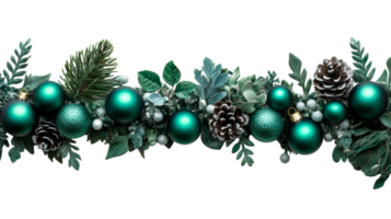 Festive holiday border element with emerald ornaments, cut out transparent png