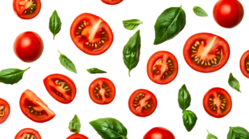 Tomato and basil pattern with a black background, cut out transparent png