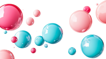 Pink and turquoise shiny spheres in 3d rendering, cut out transparent png