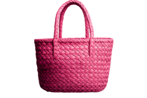 Woven pink handbag with handles, isolated object, cut out transparent png
