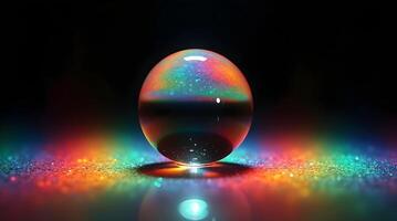 A rainbow colored ball sitting on a table with a rainbow light shining through it photo