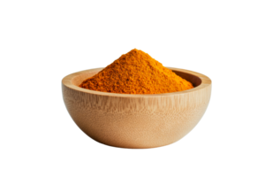 Turmeric powder in a bamboo bowl with transparent background png