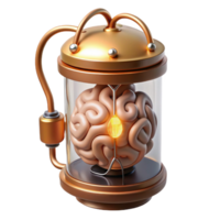 impressive vintage Steampunk brain in a jar with glowing wires and copper connections detailed png