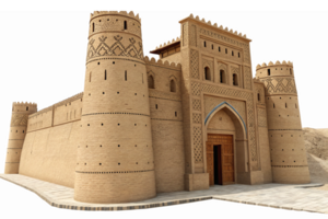 Intricate Sandstone Fortress with Towers and Arched Gateway for Historical Architecture Designs png