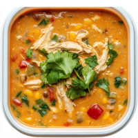 Creamy Chicken Corn Soup with Fresh Cilantro and Colorful Vegetables in a Square Bowl png