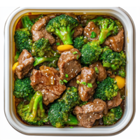 Beef and Broccoli Stir Fry in a Square Container Ready for Takeout png