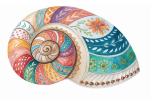 Colorful Spiral Seashell with Intricate Floral and Geometric Patterns on Transparent Background png