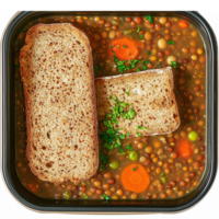 Delicious Lentil Soup with Whole Grain Bread Slices in a Bowl on Transparent Background png