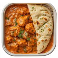 Creamy Butter Chicken with Naan Bread and Rice Served in a Takeout Container png