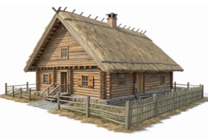 Rustic Wooden Log House with Thatched Roof Surrounded by Fence and Pathway png