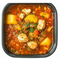 Savory Chicken Stew with Vegetables and Potatoes in a Transparent Container png