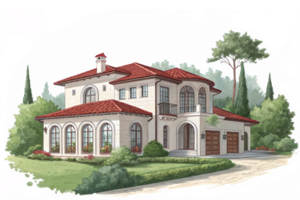 Elegant Mediterranean Villa with Lush Garden and Stunning Architecture Perfect for Design Projects png