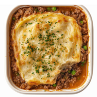 Delicious Shepherds Pie with Golden Mashed Potatoes and Meat Filling in a White Container png