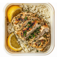 Grilled Chicken Breast with Rice and Lemon Slices on a White Background for Meal Prep Ideas png