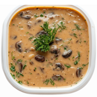 Creamy Mushroom Soup with Fresh Herbs in Transparent Square Container png