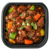 Delicious Beef Stir Fry with Colorful Vegetables in Black Takeout Container png