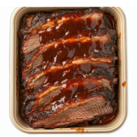 Delicious Barbecue Brisket Covered in Rich Sauce in Ready to Serve Container png