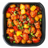 Delicious Sweet and Sour Chicken with Vegetables in a Black Container png