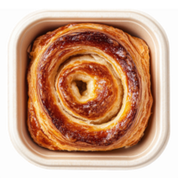 Freshly Baked Cinnamon Roll in Eco-Friendly Container with Golden Flaky Layers png