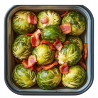Roasted Brussels Sprouts with Crisp Bacon Pieces in a Silver Container png