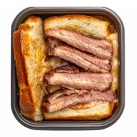 Sliced Brisket Sandwich on Toasted Bread with Savory Toppings in Takeout Container png