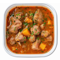 Savory Beef Stew with Vegetables in a White Container on Transparent Background png