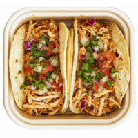 Delicious Shredded Chicken Tacos with Fresh Vegetables and Herbs in Rectangular Serving Container png