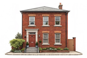 Elegant Red Brick House with Lush Greenery and Welcoming Front Steps for Modern Design Projects png
