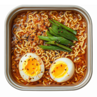 Delicious Bowl of Ramen Noodles with Soft-Boiled Eggs and Green Onions in a Square Container png