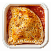 Savory Baked Calzone on Tomato Sauce in a Disposable Container with Cheese and Spices png