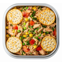 Delicious Tuna Salad with Vegetables and Crackers in a Square Container png