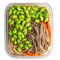 Healthy Soba Noodle Bowl with Edamame and Carrot Toppings in Clear Container png