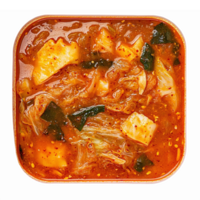 Delicious Spicy Soup with Tofu Vegetables and Kimchi in a Square Bowl png