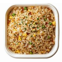 Delicious Fried Rice with Eggs Peas and Vegetables in Square Container for Culinary Delights png