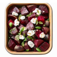 Colorful Roasted Beetroot Salad with Goat Cheese and Fresh Herbs in Wooden Bowl png