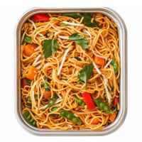 Delicious Asian Noodles with Colorful Vegetables in a Square Container for Recipes and Menus png