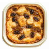 Delicious Bread Pudding with Raisins and Apples in a White Bowl Isolated on Transparent Background png