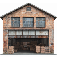Rustic Warehouse Exterior with Open Loading Dock and Stacked Wooden Crates png