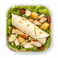 Fresh Chicken Salad Wrap with Lettuce and Croutons in Clear Container for Healthy Eating png