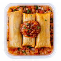 Delicious Homemade Tamales with Salsa and Fresh Vegetables in Takeout Container png