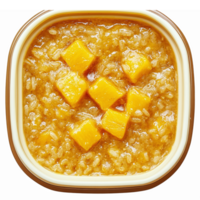 Delicious Mango Rice Pudding Served in a Square Bowl with Fresh Mango Chunks png