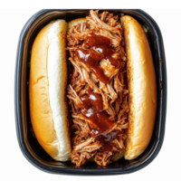 Delicious Pulled Pork Sandwich with Barbecue Sauce Served in a Takeout Container png