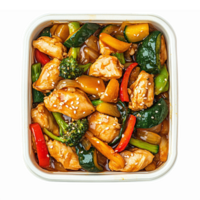 Delicious Stir Fry Chicken and Colorful Vegetables in Takeout Container with Transparent Background png