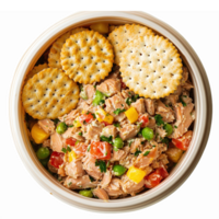 Savory Tuna Salad with Colorful Vegetables and Crackers in a Bowl Perfect for Healthy Snacking png