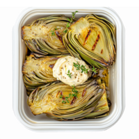 Grilled Artichokes with Herb Butter Garnish in Takeout Container with Transparent Background png