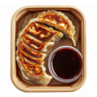 Delicious Pan Seared Dumplings with Soy Sauce in Eco-Friendly Takeout Container png