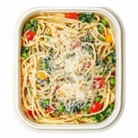 Delicious Pasta Primavera with Colorful Vegetables and Parmesan Cheese in a White Container png